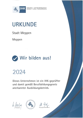 IHK-Urkunde Ausbildungsbetrieb 2024 © IHK Osnabrück-Emsland-Grafschaft Bentheim