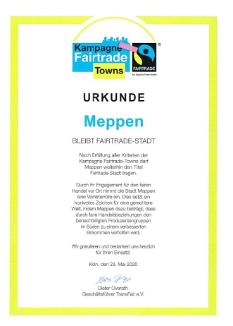 Die Stadt Meppen darf für weitere zwei Jahre den Titel Fairtrade-Stadt tragen © Stadt Meppen