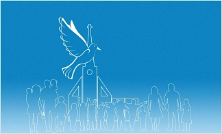 Grafik Kirche, Menschen, weiße Taube