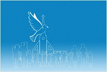Grafik Kirche, Menschen, weiße Taube