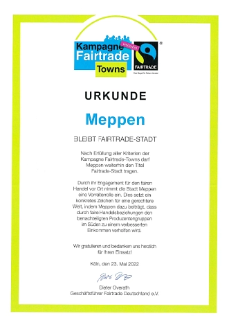 Die Stadt Meppen erfüllt weiterhin alle fünf Kriterien der Fairtrade-Towns Kampagne und trägt für weitere zwei Jahre (2022-2024) den Titel Fairtrade-Stadt. © Stadt Meppen